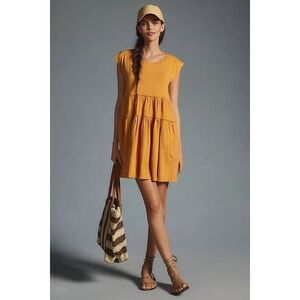 Daily Practice Anthropologie Bonita Tiered Dress Mustard Yellow Cotton L Pockets